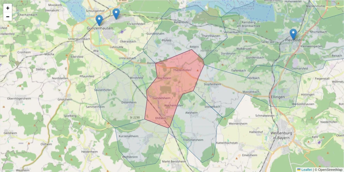 Karte des Postleitzahlen Bereichs  und der umliegenden Postleitzahlen in Deutschland