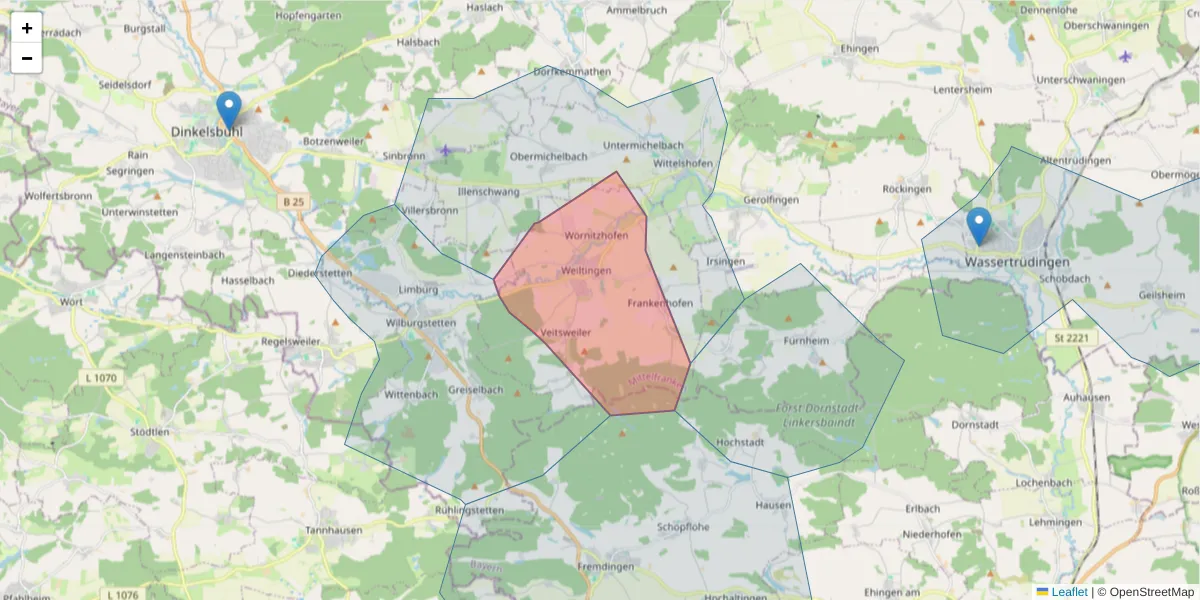 Karte des Postleitzahlen Bereichs  und der umliegenden Postleitzahlen in Deutschland