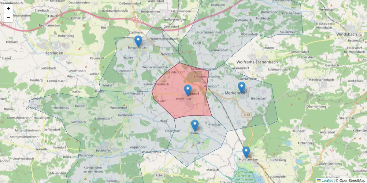 Karte des Postleitzahlen Bereichs  und der umliegenden Postleitzahlen in Deutschland