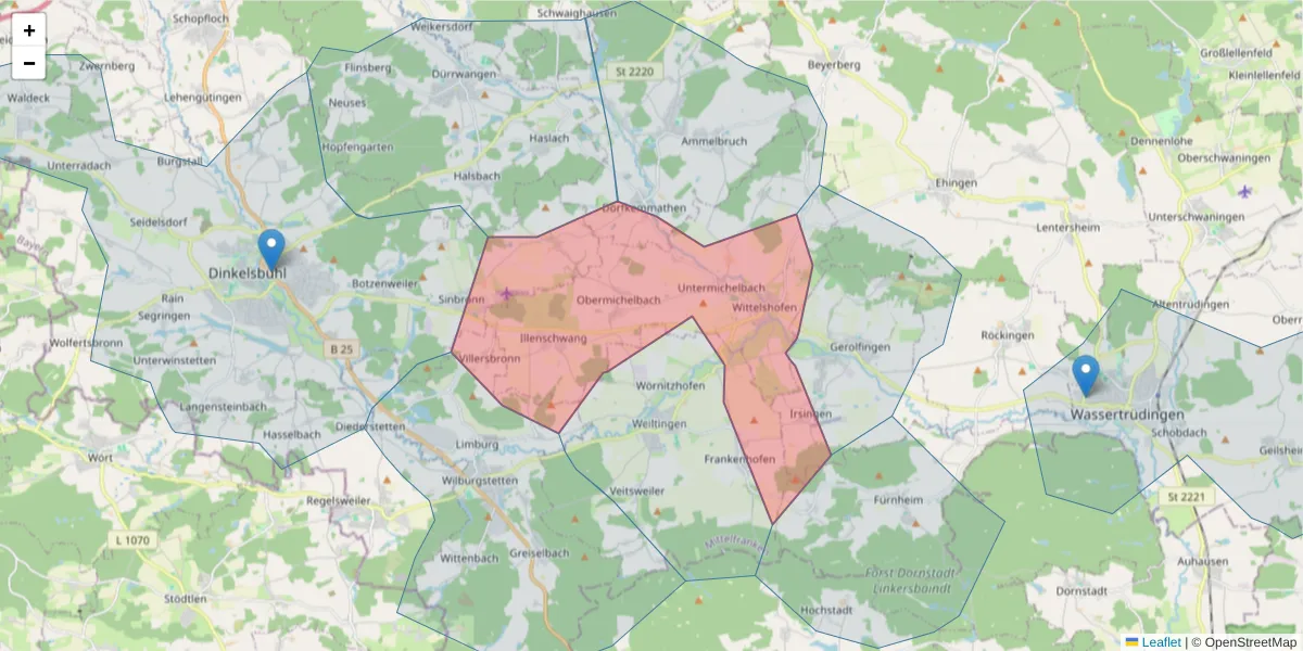 Karte des Postleitzahlen Bereichs  und der umliegenden Postleitzahlen in Deutschland