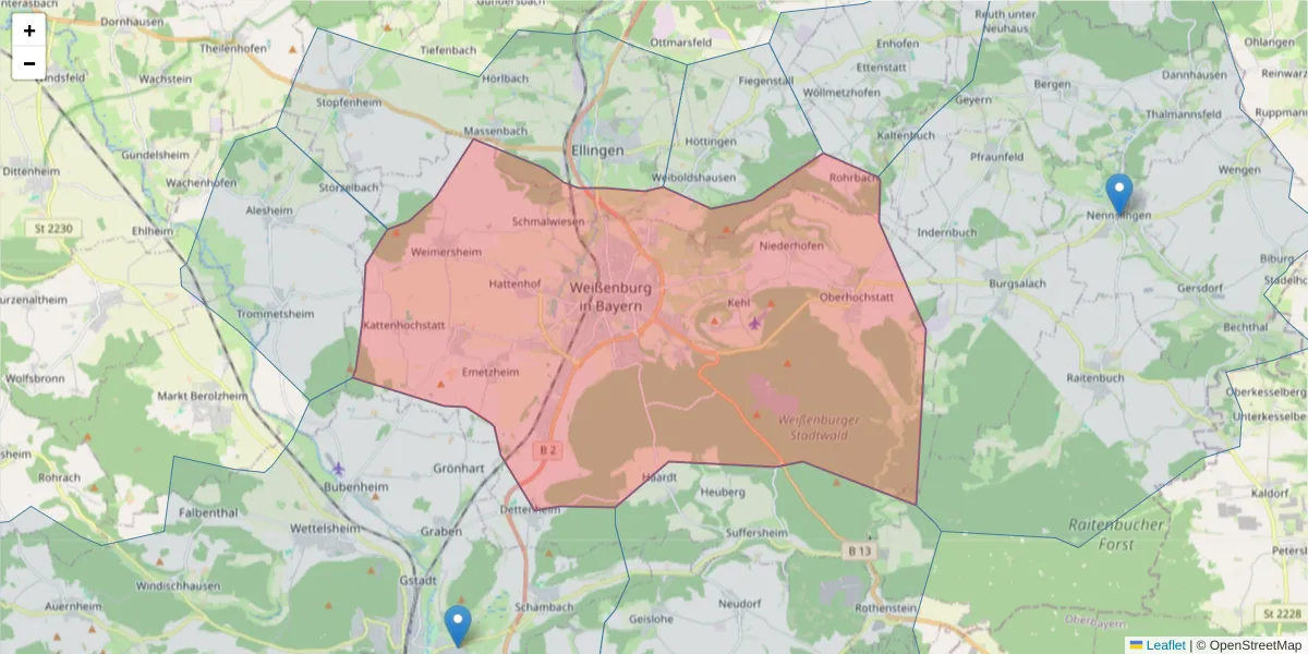 Karte des Postleitzahlen Bereichs  und der umliegenden Postleitzahlen in Deutschland