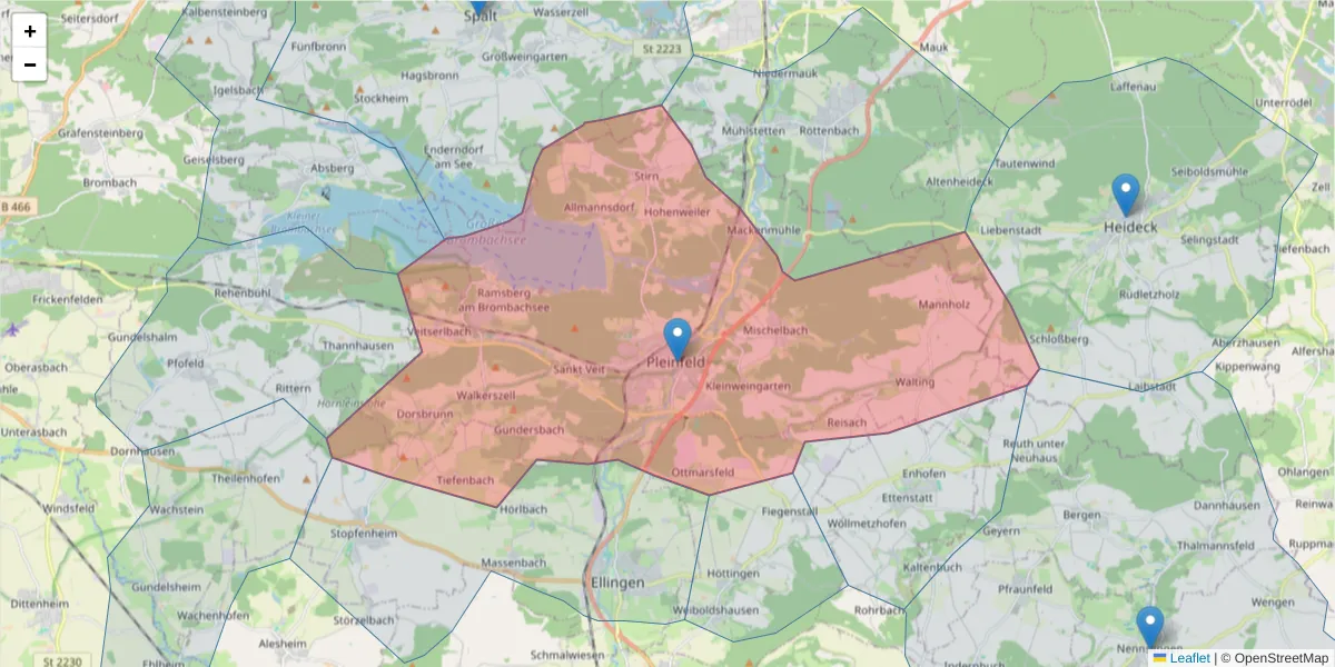 Karte des Postleitzahlen Bereichs  und der umliegenden Postleitzahlen in Deutschland
