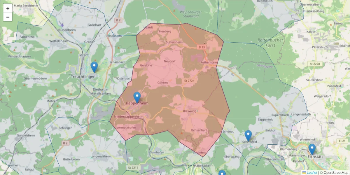 Karte des Postleitzahlen Bereichs  und der umliegenden Postleitzahlen in Deutschland