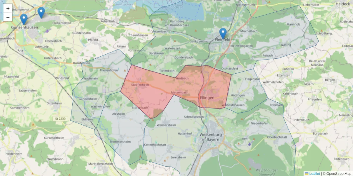 Karte des Postleitzahlen Bereichs  und der umliegenden Postleitzahlen in Deutschland