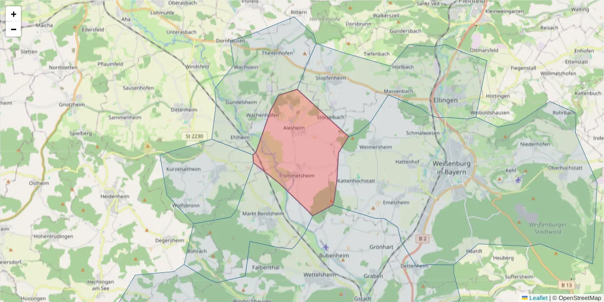 Karte des Postleitzahlen Bereichs  und der umliegenden Postleitzahlen in Deutschland