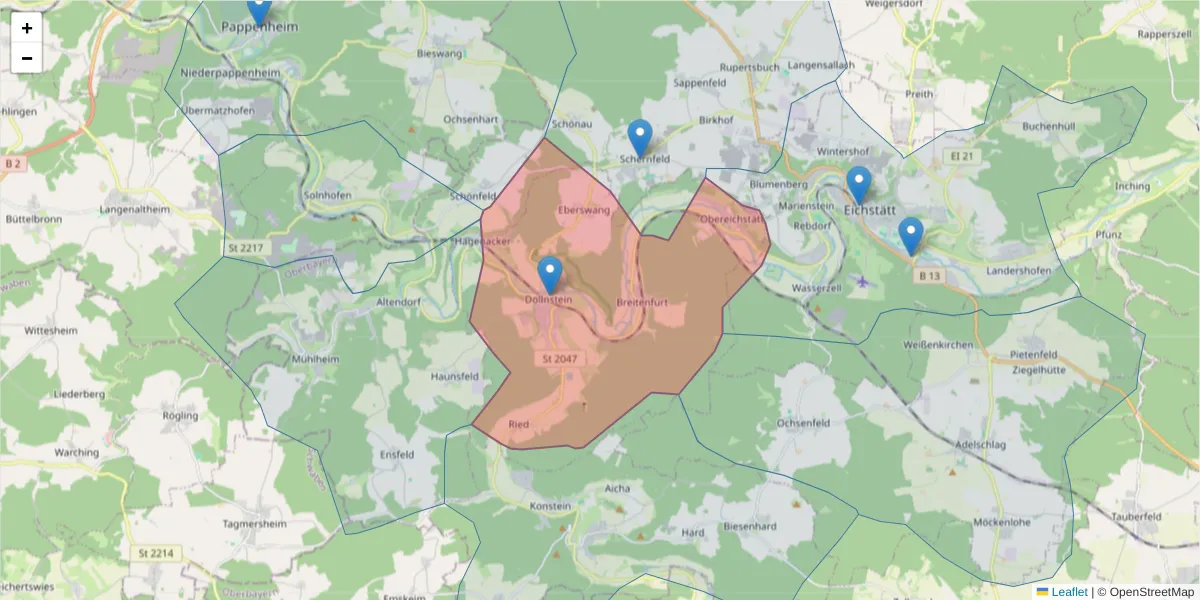 Karte des Postleitzahlen Bereichs  und der umliegenden Postleitzahlen in Deutschland