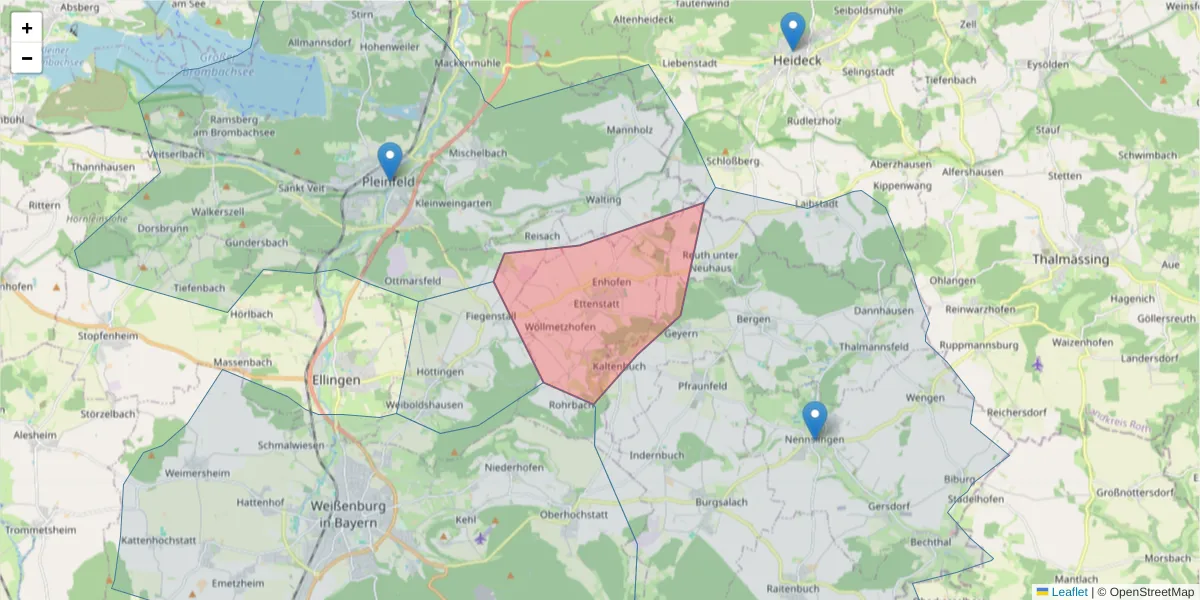 Karte des Postleitzahlen Bereichs  und der umliegenden Postleitzahlen in Deutschland