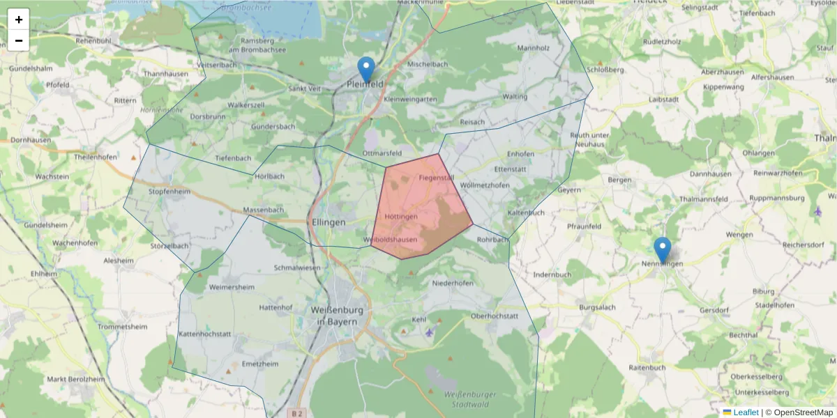 Karte des Postleitzahlen Bereichs  und der umliegenden Postleitzahlen in Deutschland