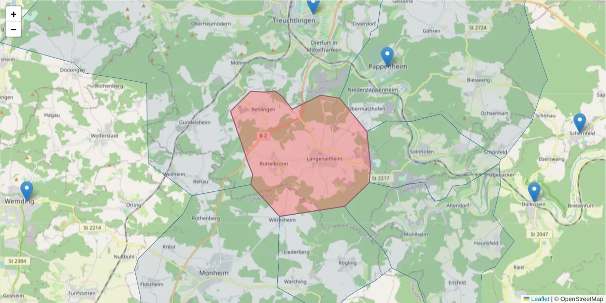 Karte des Postleitzahlen Bereichs  und der umliegenden Postleitzahlen in Deutschland
