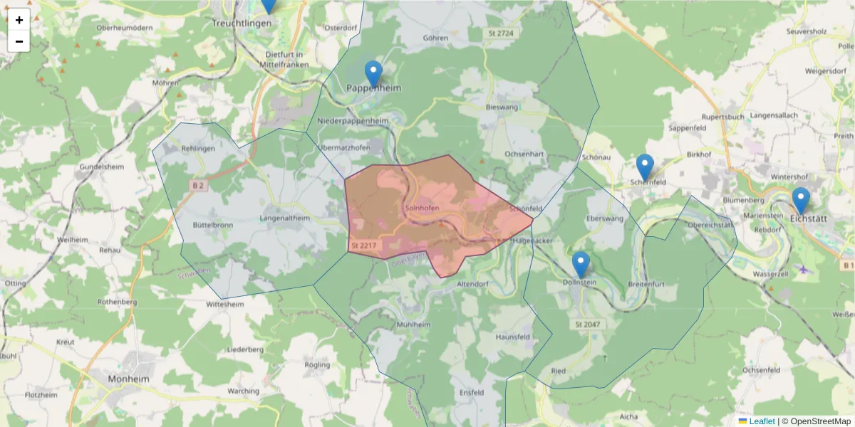 Karte des Postleitzahlen Bereichs  und der umliegenden Postleitzahlen in Deutschland