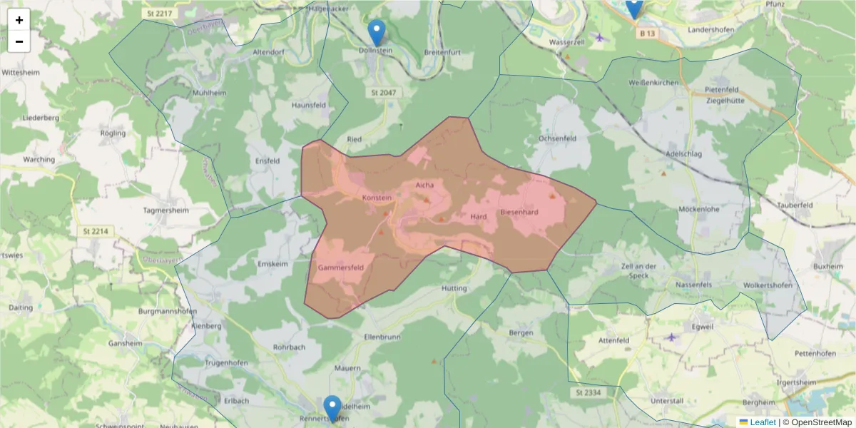 Karte des Postleitzahlen Bereichs  und der umliegenden Postleitzahlen in Deutschland