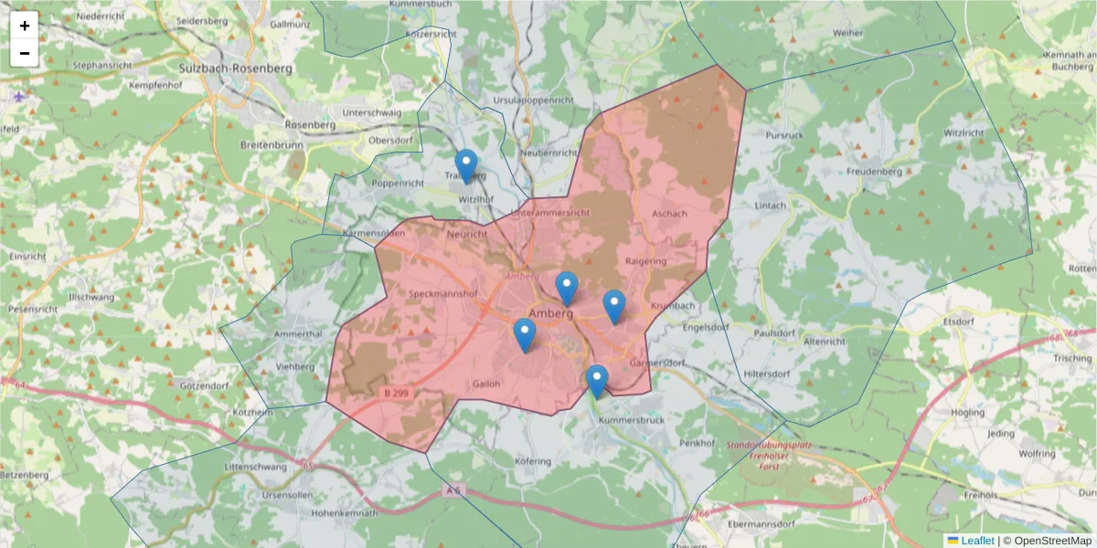 Karte des Postleitzahlen Bereichs  und der umliegenden Postleitzahlen in Deutschland