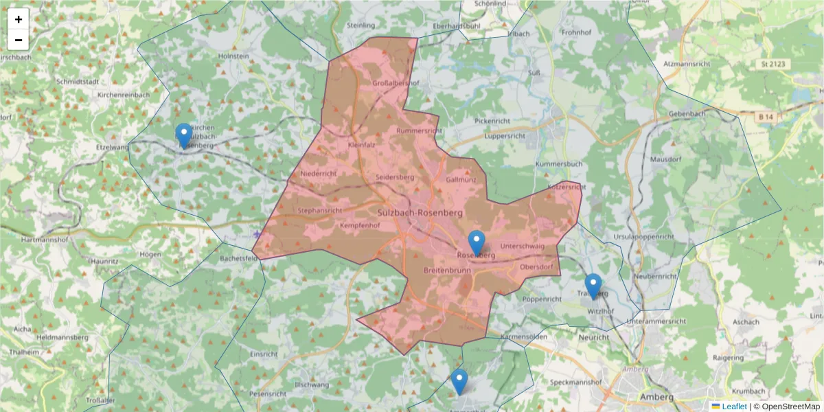 Karte des Postleitzahlen Bereichs  und der umliegenden Postleitzahlen in Deutschland