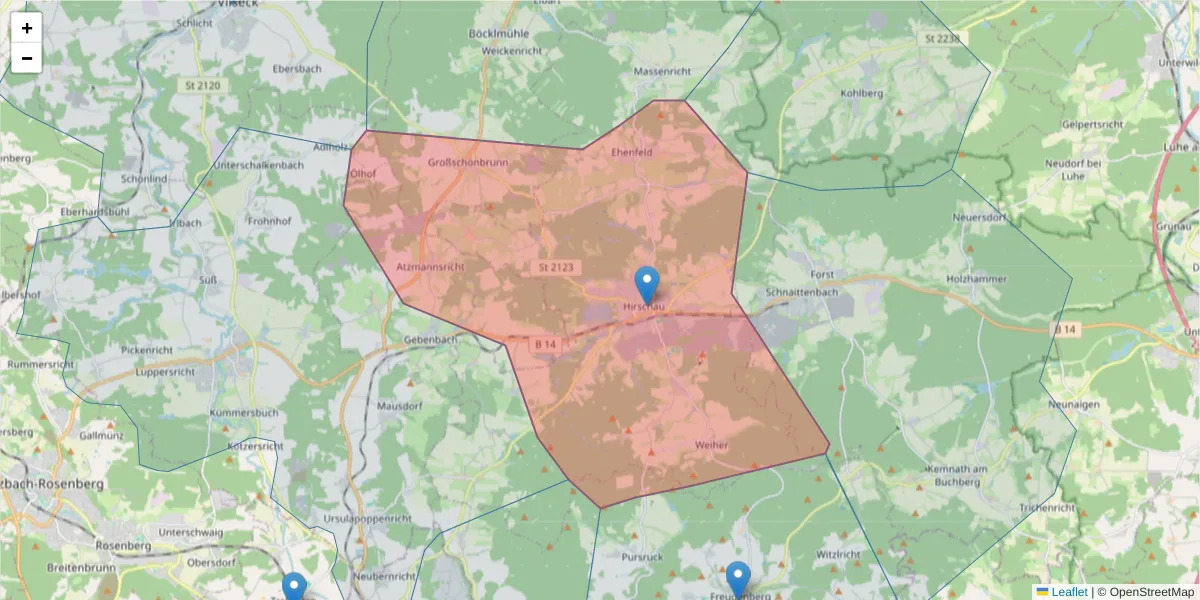 Karte des Postleitzahlen Bereichs  und der umliegenden Postleitzahlen in Deutschland