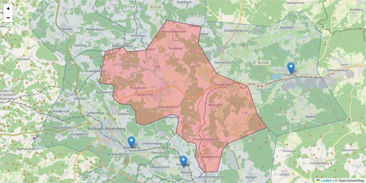 Karte des Postleitzahlen Bereichs  und der umliegenden Postleitzahlen in Deutschland