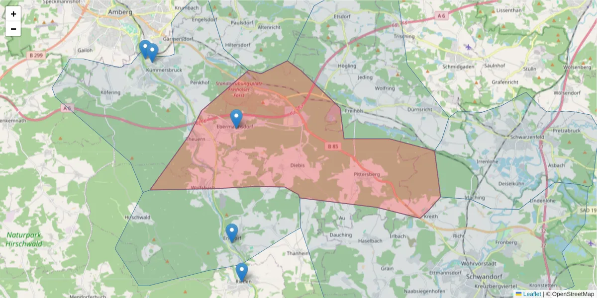 Karte des Postleitzahlen Bereichs  und der umliegenden Postleitzahlen in Deutschland