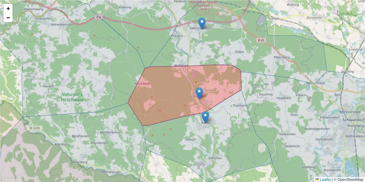 Karte des Postleitzahlen Bereichs  und der umliegenden Postleitzahlen in Deutschland