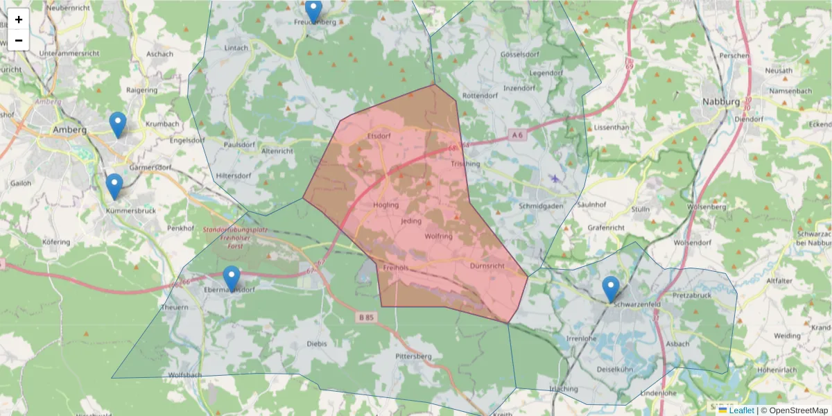 Karte des Postleitzahlen Bereichs  und der umliegenden Postleitzahlen in Deutschland