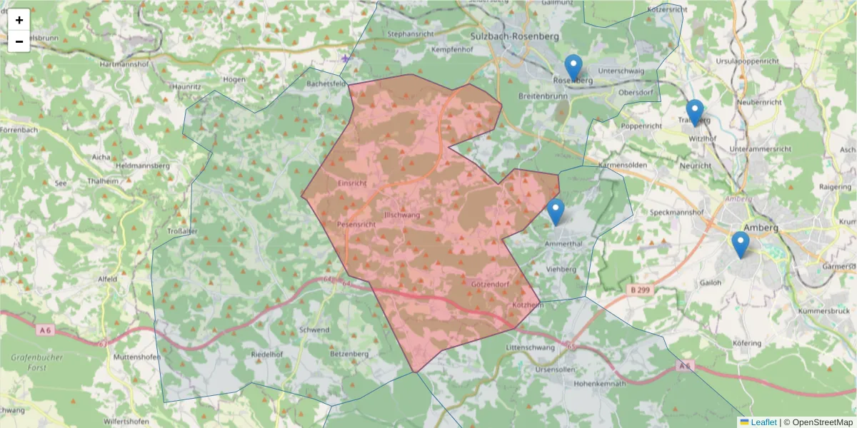 Karte des Postleitzahlen Bereichs  und der umliegenden Postleitzahlen in Deutschland