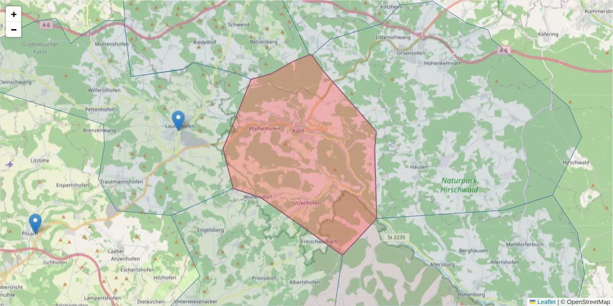 Karte des Postleitzahlen Bereichs  und der umliegenden Postleitzahlen in Deutschland