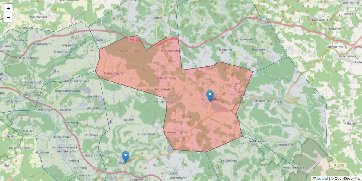 Karte des Postleitzahlen Bereichs  und der umliegenden Postleitzahlen in Deutschland