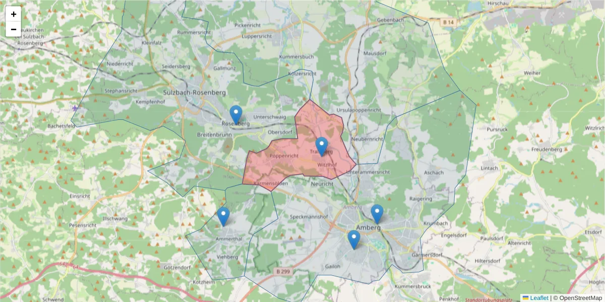Karte des Postleitzahlen Bereichs  und der umliegenden Postleitzahlen in Deutschland