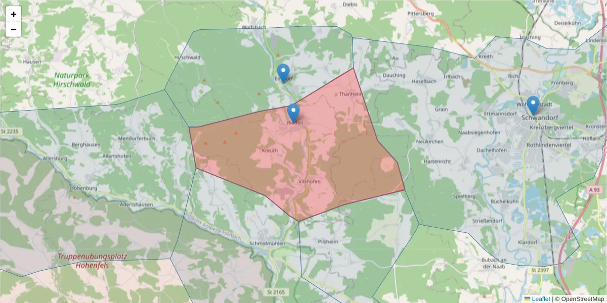 Karte des Postleitzahlen Bereichs  und der umliegenden Postleitzahlen in Deutschland