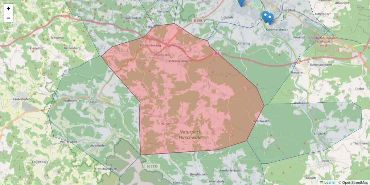 Karte des Postleitzahlen Bereichs  und der umliegenden Postleitzahlen in Deutschland