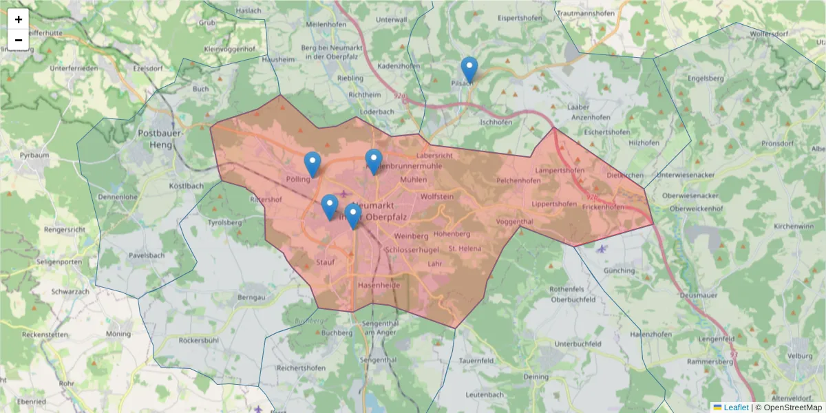Karte des Postleitzahlen Bereichs  und der umliegenden Postleitzahlen in Deutschland