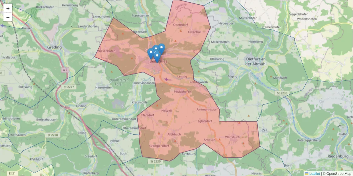 Karte des Postleitzahlen Bereichs  und der umliegenden Postleitzahlen in Deutschland