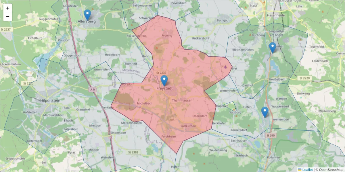 Karte des Postleitzahlen Bereichs  und der umliegenden Postleitzahlen in Deutschland