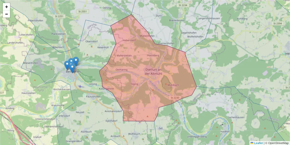 Karte des Postleitzahlen Bereichs  und der umliegenden Postleitzahlen in Deutschland