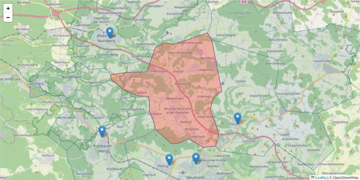 Karte des Postleitzahlen Bereichs  und der umliegenden Postleitzahlen in Deutschland