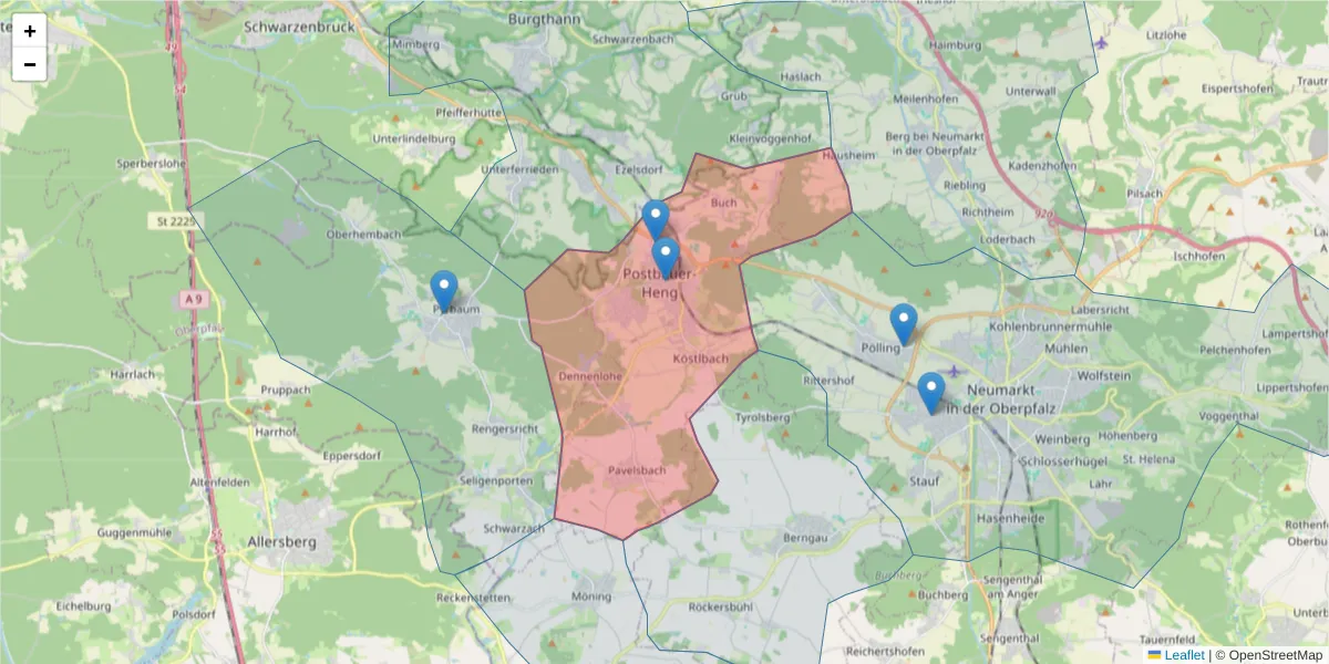 Karte des Postleitzahlen Bereichs  und der umliegenden Postleitzahlen in Deutschland