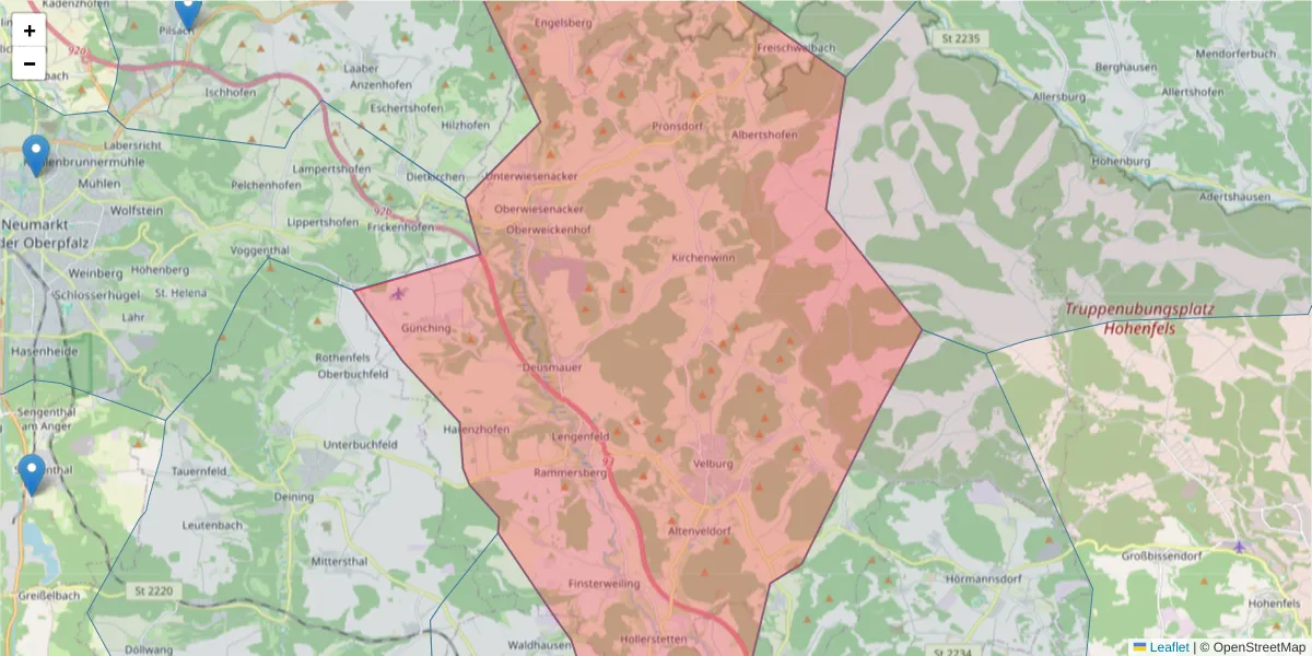 Karte des Postleitzahlen Bereichs  und der umliegenden Postleitzahlen in Deutschland
