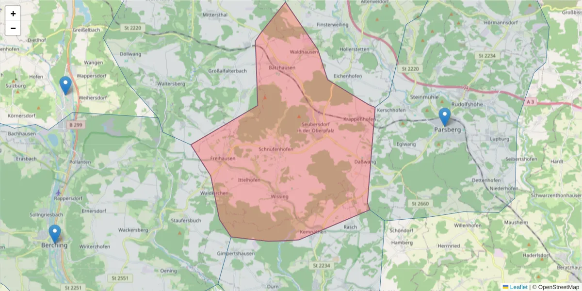 Karte des Postleitzahlen Bereichs  und der umliegenden Postleitzahlen in Deutschland