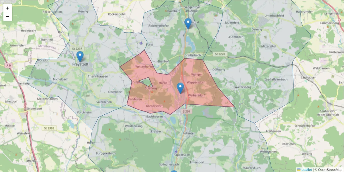 Karte des Postleitzahlen Bereichs  und der umliegenden Postleitzahlen in Deutschland