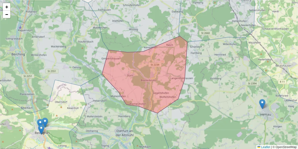 Karte des Postleitzahlen Bereichs  und der umliegenden Postleitzahlen in Deutschland