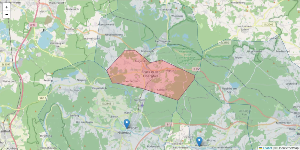 Karte des Postleitzahlen Bereichs  und der umliegenden Postleitzahlen in Deutschland