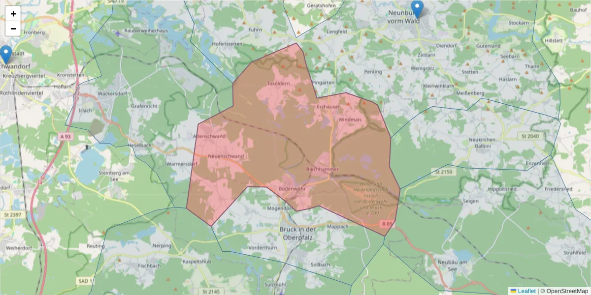 Karte des Postleitzahlen Bereichs  und der umliegenden Postleitzahlen in Deutschland