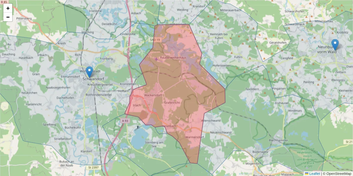 Karte des Postleitzahlen Bereichs  und der umliegenden Postleitzahlen in Deutschland
