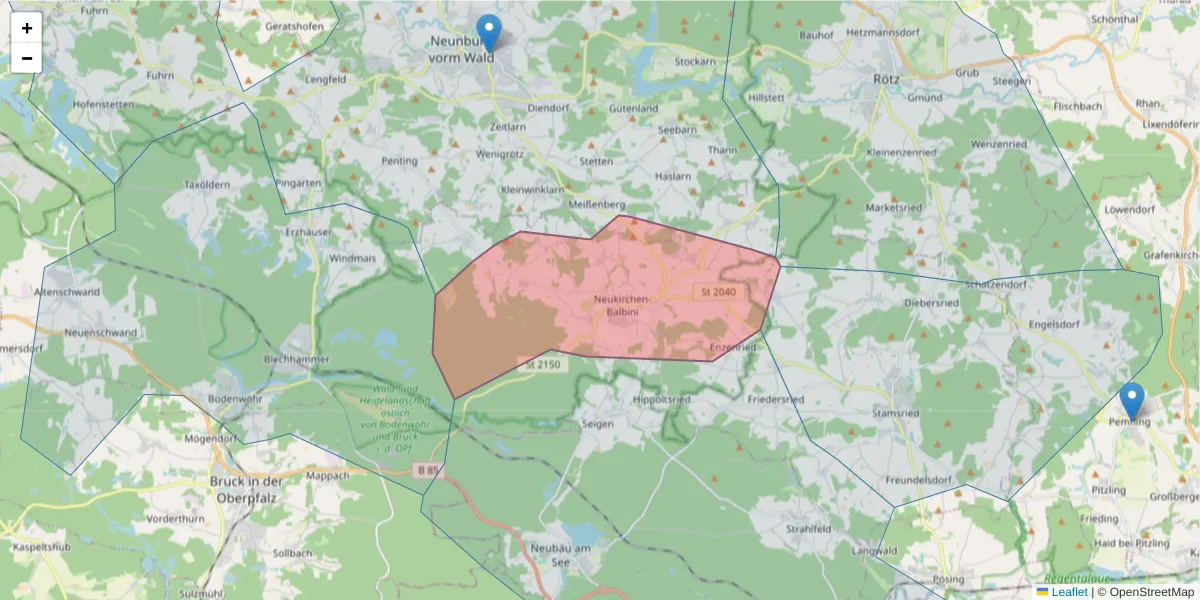 Karte des Postleitzahlen Bereichs  und der umliegenden Postleitzahlen in Deutschland