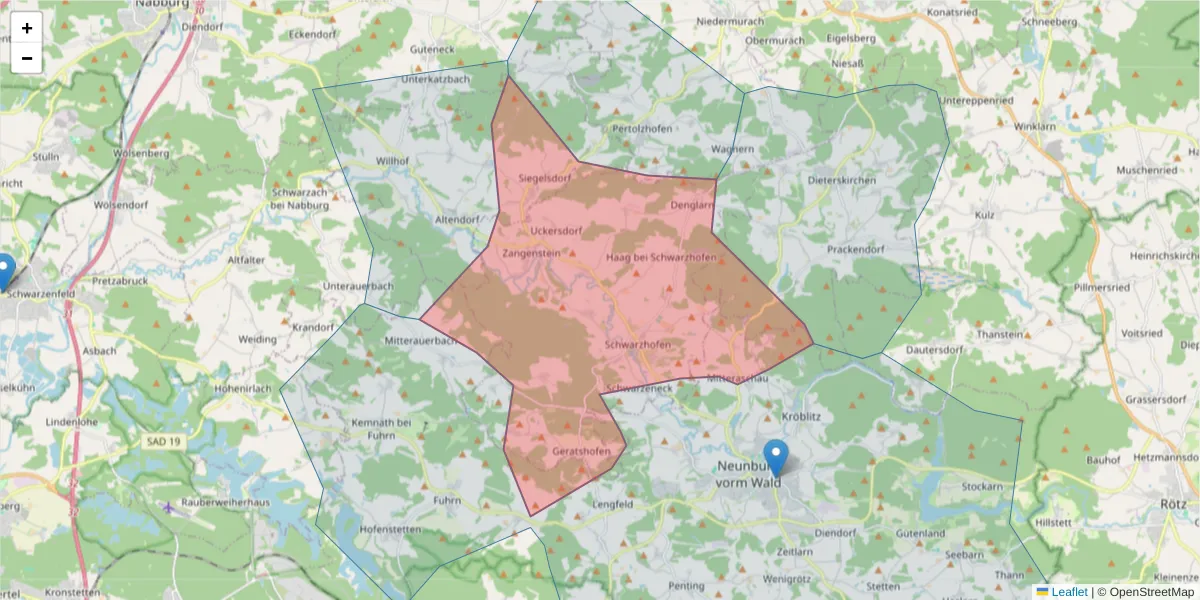 Karte des Postleitzahlen Bereichs  und der umliegenden Postleitzahlen in Deutschland
