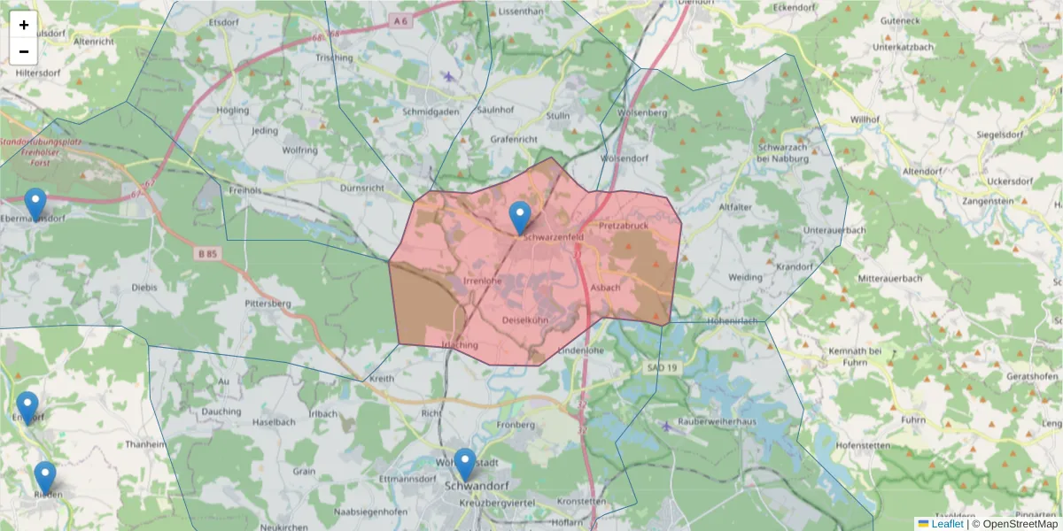 Karte des Postleitzahlen Bereichs  und der umliegenden Postleitzahlen in Deutschland