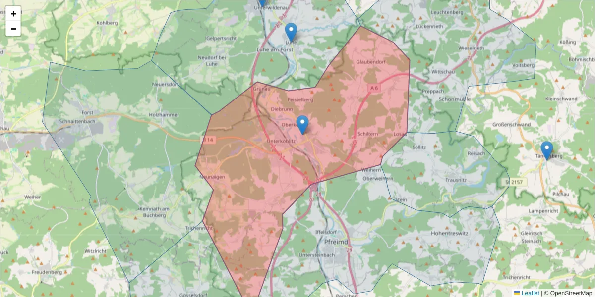 Karte des Postleitzahlen Bereichs  und der umliegenden Postleitzahlen in Deutschland