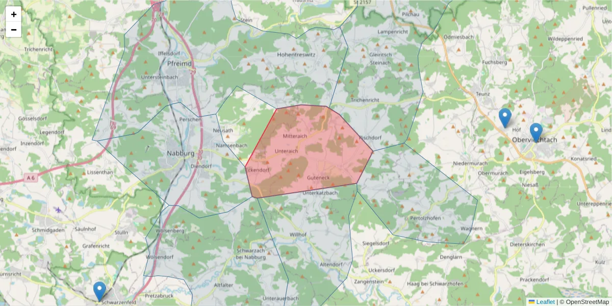 Karte des Postleitzahlen Bereichs  und der umliegenden Postleitzahlen in Deutschland