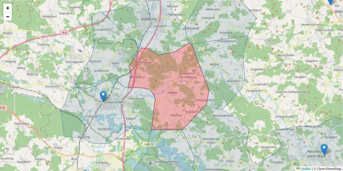 Karte des Postleitzahlen Bereichs  und der umliegenden Postleitzahlen in Deutschland