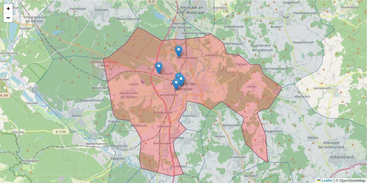 Karte des Postleitzahlen Bereichs  und der umliegenden Postleitzahlen in Deutschland