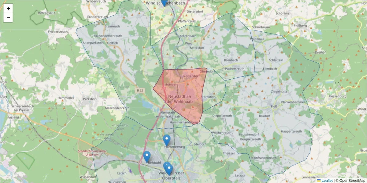 Karte des Postleitzahlen Bereichs  und der umliegenden Postleitzahlen in Deutschland