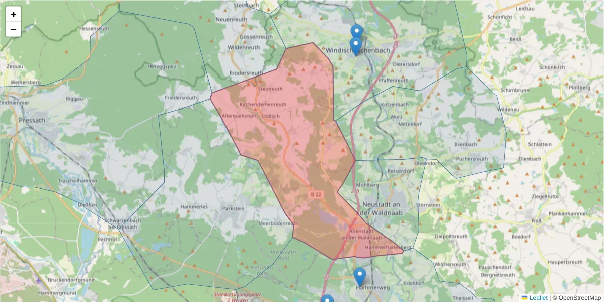 Karte des Postleitzahlen Bereichs  und der umliegenden Postleitzahlen in Deutschland